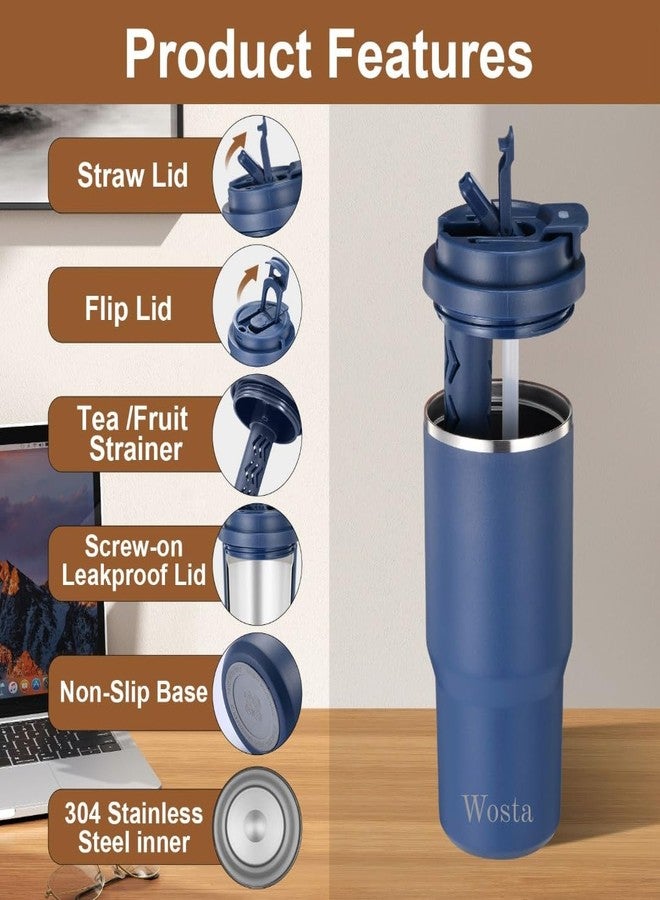 Wosta 750 ml Stainless Steel Insulated Tumbler - Dual-Lid (Flip-Sip + Straw), Tea/Fruit Strainer, Leak-Proof Screw-On Lid, Silicone Straw & Hanging Belt. (Dark Blue) - Image 3